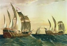 Discovery of America, Pinta 'Niña and Santa Maria ships sailing towards the coast of the Eas…