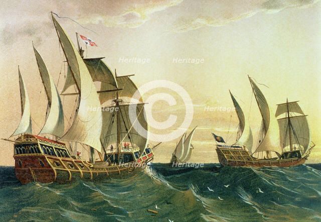 Discovery of America, 'Pinta' 'Niña' and 'Santa Maria' ships sailing towards the coast of the Eas…