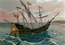Discovery of America. The caravel Santa Maria arriving to the coasts of the New World on 12 Oct…