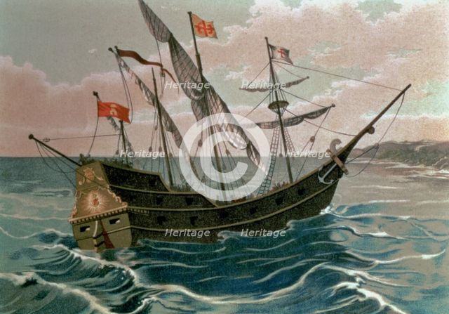 Discovery of America. The caravel 'Santa Maria' arriving to the coasts of the New World on 12 Oct…
