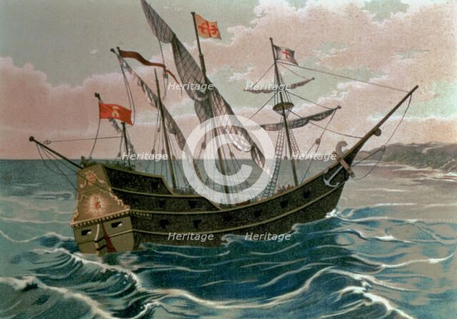 Discovery of America. The caravel 'Santa Maria' arriving to the coasts of the New World on 12 Oct…