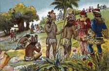 Discovery of America, third trip, exchange of gifts with the natives of the Gulf of Paria,1498-1500. Creator: Mestre, Albert