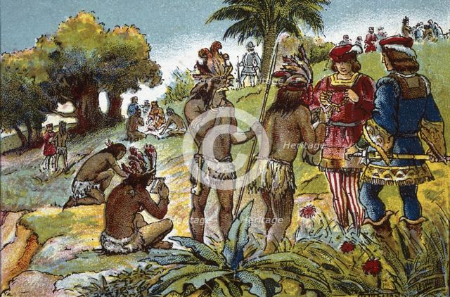 Discovery of America, third trip, exchange of gifts with the natives of the Gulf of Paria,1498-1500. Creator: Mestre, Albert.