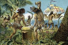 Discovery of America, third trip, hostile reception of the Indians of the province of...15th cent. Creator: Mestre, Albert