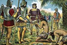 Discovery of America, third voyage, the cacique of Cativo presents presents to the..., 15th cent. Creator: Mestre, Albert