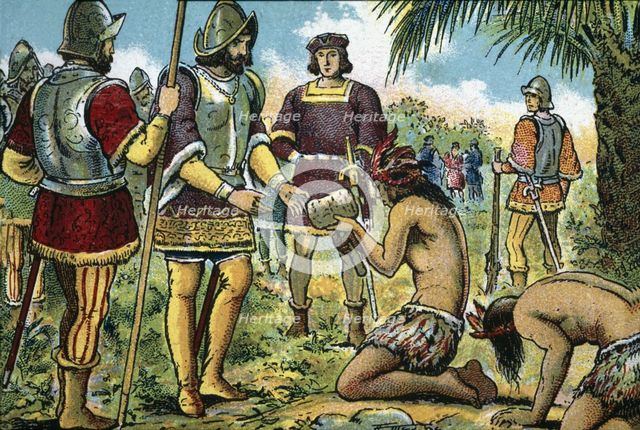 Discovery of America, third voyage, the cacique of Cativo presents presents to the..., 15th cent. Creator: Mestre, Albert.