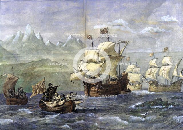 Discovery of the Magellan Strait, engraved in the 'Spanish and American Illustration'.