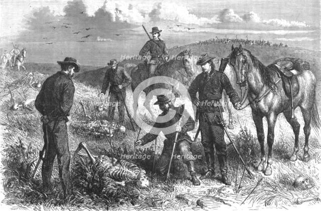 'Discovery of the skeletons of soldiers who had been surprised and killed by Indians, June 1867. Creator: Frederick Whymper.