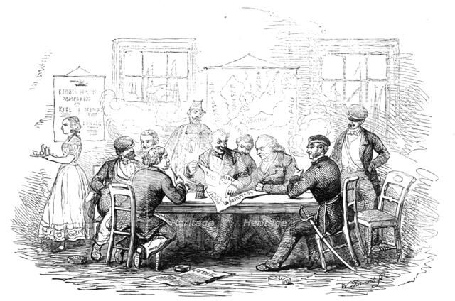 Discussing the War, in a Coffee-House, at Copenhagen - sketched by E.T. Dolby, 1854. Creator: W Thomas.