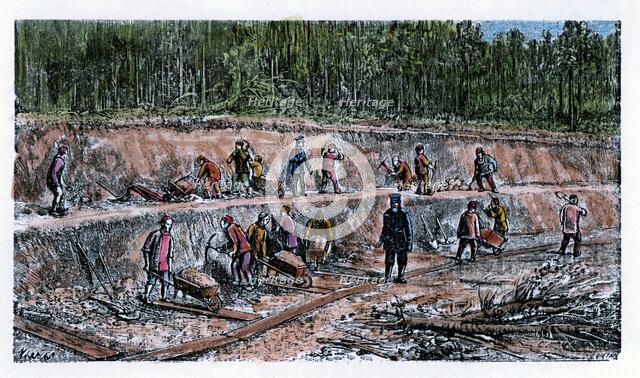 Disassembling works by Chinese workers during the construction of the Trans-Siberian Railway, eng…