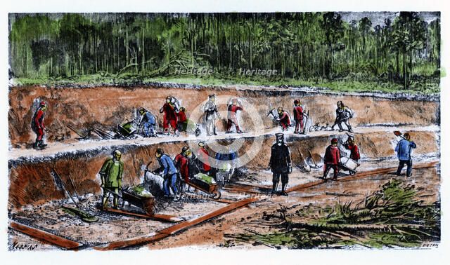 Disassembling works by Chinese workers during the construction of the Trans-Siberian Railway, eng…