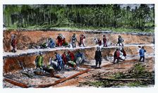 Disassembling works by Chinese workers during the construction of the Trans-Siberian Railway, eng…