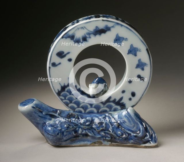 Disc-Shaped Okimono, or Desk Screen, with Rat, Fuji, Plovers, Waves, and Plum Design, 19th century. Creator: Unknown.