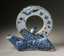 Disc-Shaped Okimono, or Desk Screen, with Rat, Fuji, Plovers, Waves, and Plum Design, 19th century. Creator: Unknown