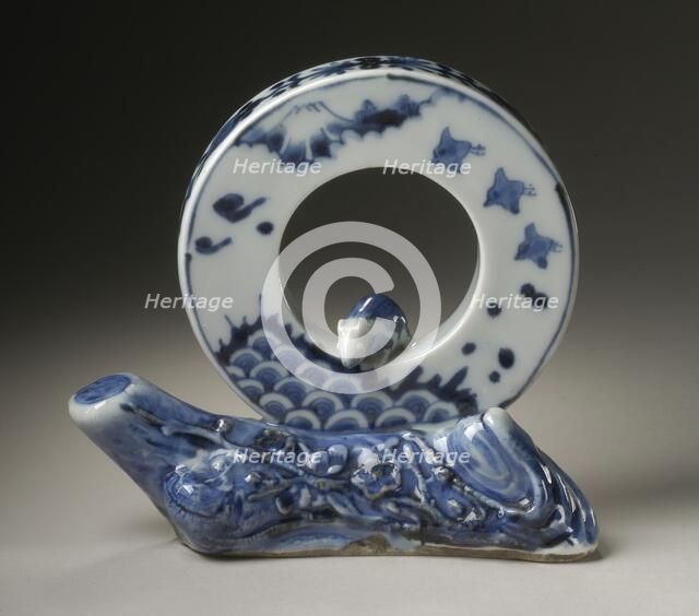 Disc-Shaped Okimono, or Desk Screen, with Rat, Fuji, Plovers, Waves, and Plum Design, 19th century. Creator: Unknown.