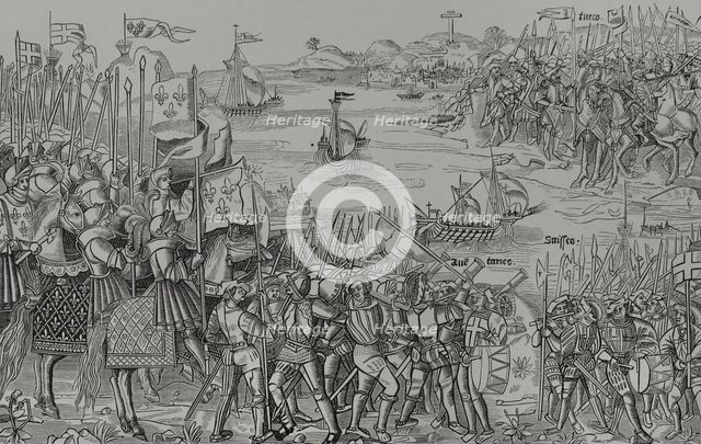 Disembarkation of the Crusaders at Damietta, (Nile Delta) on 5 June 1249, 1522, (1877).  Creator: Unknown.