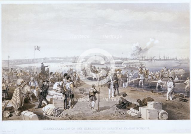 'Disembarkation of the Expedition to Kertch at Kamish Bournou', 1855. Artist: E Walker