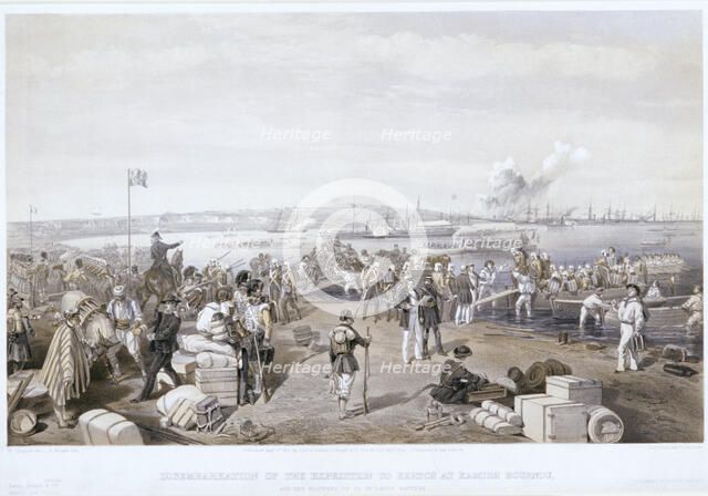'Disembarkation of the Expedition to Kertch at Kamish Bournou', 1855. Artist: E Walker
