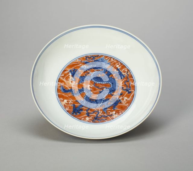 Dish with Dragon Writhing amid Waves, Qing dynasty (1644-1911), Kangxi reign (1662-1722). Creator: Unknown.