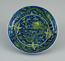 Dish with Dragons amid Clouds, Chasing Flaming Pearls, Qing dynasty, Qianlong reign (1736-1795). Creator: Unknown