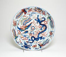 Dish with Dragons and Phoenixes, Ming dynasty, Wanli period, with overglaze enamels added later. Creator: Unknown