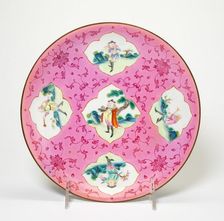 Dish with Five European Figures and Stylized Floral Scrolls and Five Bats on Reverse, (1736-1795). Creator: Unknown