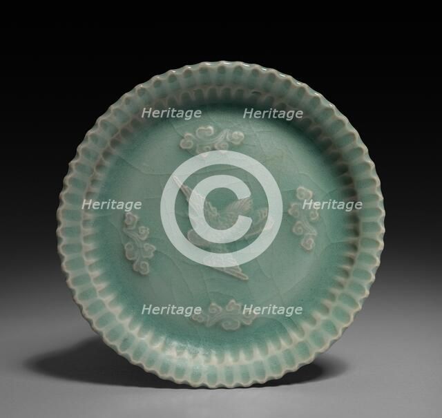 Dish with Flying Crane and Clouds in Relief, 1300s. Creator: Unknown.