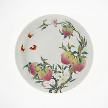 Dish with Fruiting Peaches, Tree Peony, Flowering Plum, and Bats, Qing dynasty, probably 19th cent. Creator: Unknown