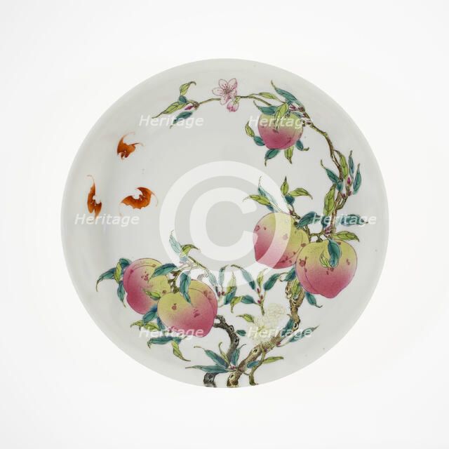 Dish with Fruiting Peaches, Tree Peony, Flowering Plum, and Bats, Qing dynasty, probably 19th cent. Creator: Unknown.