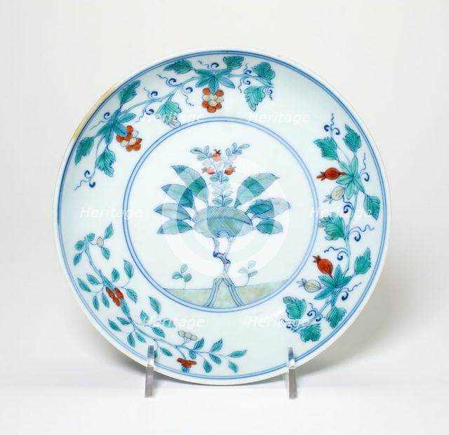 Dish with Grape, Cherry, and Pomegrenate Stems, Qing dynasty (1644-1911), c. 18th century. Creator: Unknown.