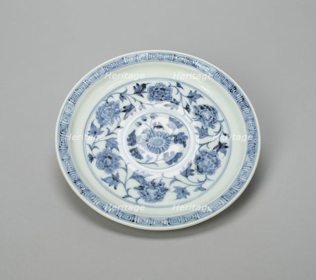 Dish with Peony Scrolls and Chrysanthemum Spray, and..., Ming dynasty, Hongwu period (1368-98). Creator: Unknown.