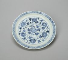 Dish with Peony Scrolls and Chrysanthemum Spray, and..., Ming dynasty, Hongwu period (1368-98). Creator: Unknown