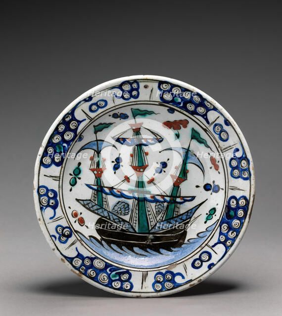 Dish with Sailing-Ship Design, Turkey, 17th century. Creator: Unknown.