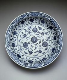 Dish with Scrolling Flowers and Breaking Waves, Ming dynasty (1368-1644), early 15th century. Creator: Unknown