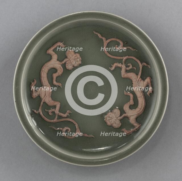 Dish with Two Dragons in Relief: Longquan Ware, 14th Century. Creator: Unknown.