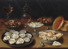Dishes with Oysters, Fruit, and Wine, c. 1620/1625. Creator: Osias Beert the Elder