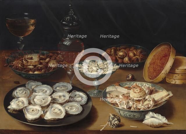 Dishes with Oysters, Fruit, and Wine, c. 1620/1625. Creator: Osias Beert the Elder.