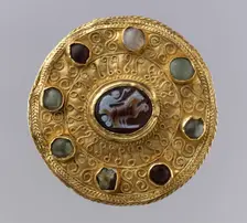 Disk Brooch with Cameo, Langobardic (mount); Roman (cameo), ca. 600 (mount); 100-300 (cameo). Creator: Unknown