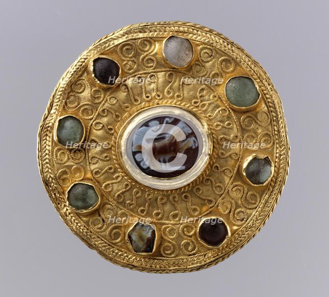 Disk Brooch with Cameo, Langobardic (mount); Roman (cameo), ca. 600 (mount); 100-300 (cameo). Creator: Unknown.