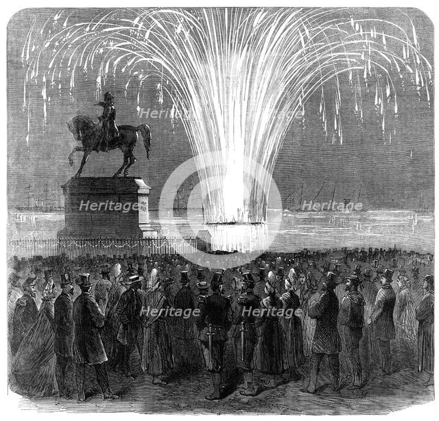 Display of fireworks, Inner Harbour, Cherbourg, in honour of the British Channel Squadron, 1865. Creator: Unknown.