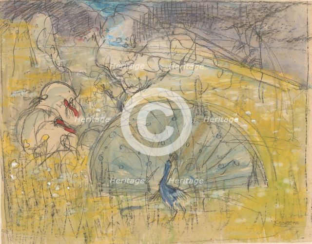 Displaying peacock and two turkeys, 1873-1917. Creator: Theo van Hoytema.