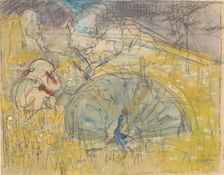 Displaying peacock and two turkeys, 1873-1917. Creator: Theo van Hoytema