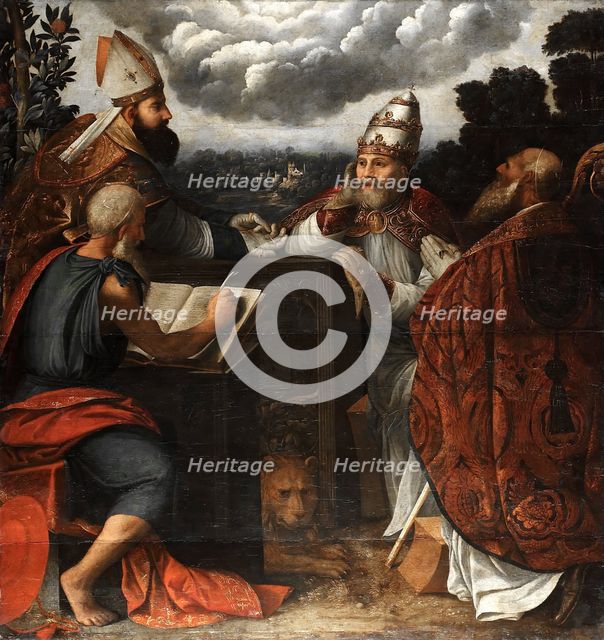 Dispute of four Church Fathers on the Immaculate Conception, 1541. Artist: Dossi, Dosso (ca. 1486-1542)