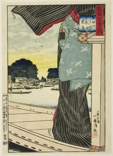Distant View of Matsuchi Hill from the Sumida River (Sumidagawa yori Matsuchiyama enkei), ..., 1884. Creator: Kobayashi Kiyochika