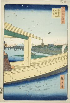 Distant View of Azuma Bridge and Kinryuzan Temple (Azumabashi Kinryuzan enbo), from the se..., 1857. Creator: Ando Hiroshige