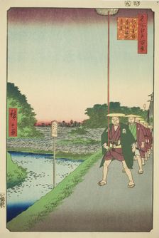 Distant View of Akasaka Reservoir from Kinokuni Slope (Kinokunizaka Akasaka Tameike enkei)..., 1857. Creator: Ando Hiroshige