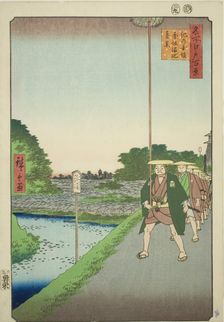 Distant View of Akasaka Reservoir from Kinokuni Slope (Kinokunizaka Akasaka Tameike enkei)..., 1857. Creator: Ando Hiroshige