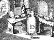 Distillation of nitric acid (Aqua fortis or parting acid) in an iron man with two noses 1689
