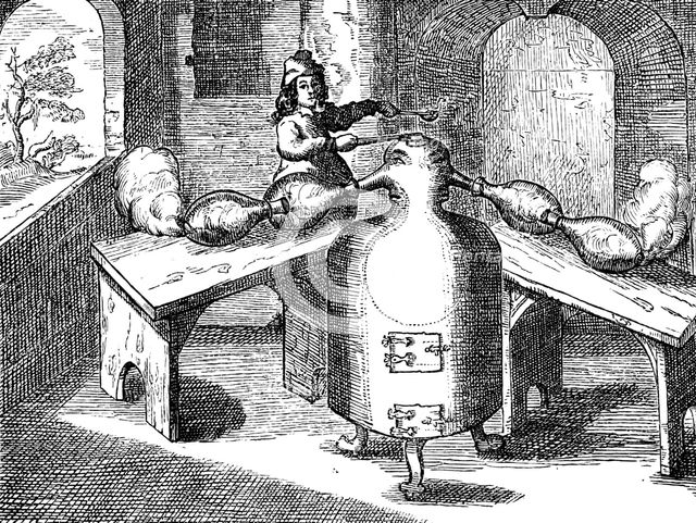 Distillation of nitric acid (Aqua fortis or parting acid) in an 'iron man with two noses', 1689. Artist: Unknown