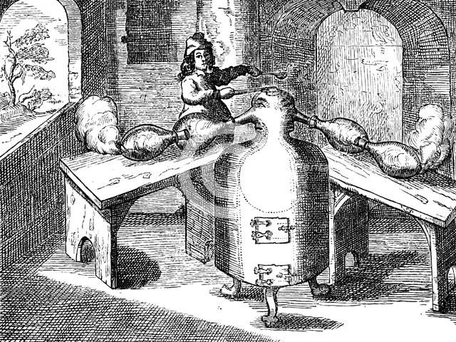 Distillation of nitric acid (Aqua fortis or parting acid) in an 'iron man with two noses', 1689. Artist: Unknown